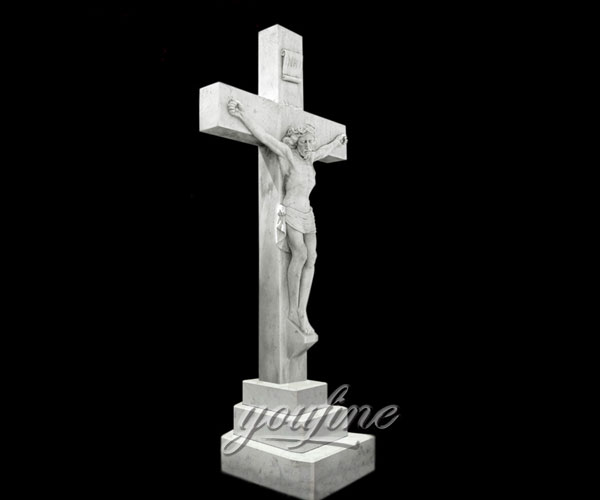 White Natural Marble Cross Gravestone Headstones with Jesus for Graves