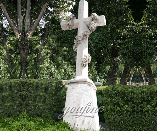 Natural Marble Hand Carved funeral crosses headstones with flower