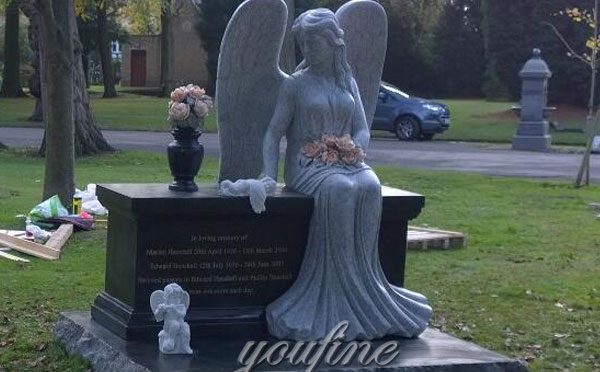 Customized granite stone angel hold flower with grave decoration cherub and vase to buy