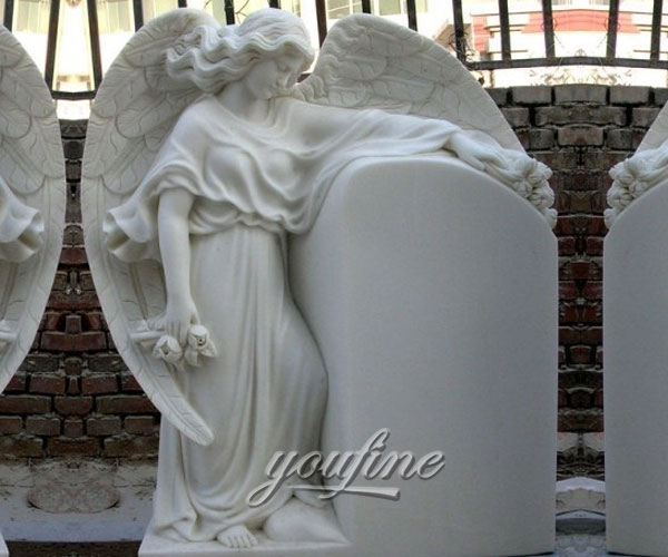 Detailed Carving Classic pure white marble angel headstone design for sale