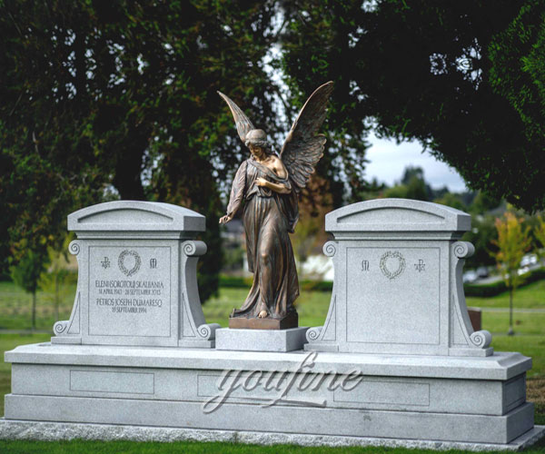 Stone upright headstones with bronze angel statue for grave decoration