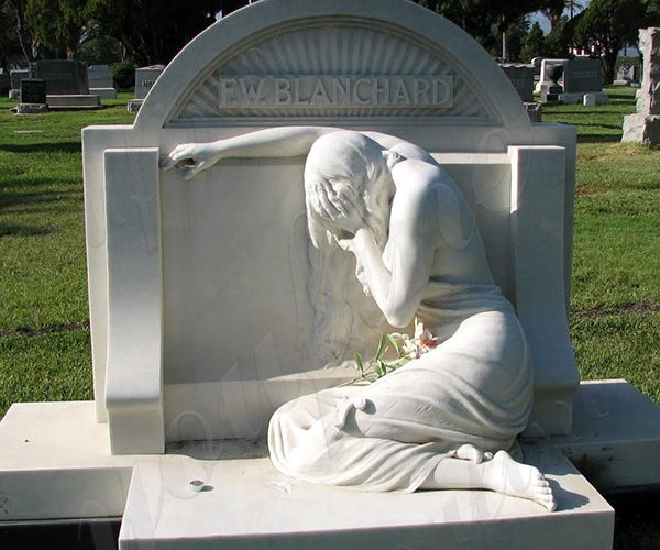 White Marble Headstone Cemetery Monument with Female Statue for Sale MOKK-560