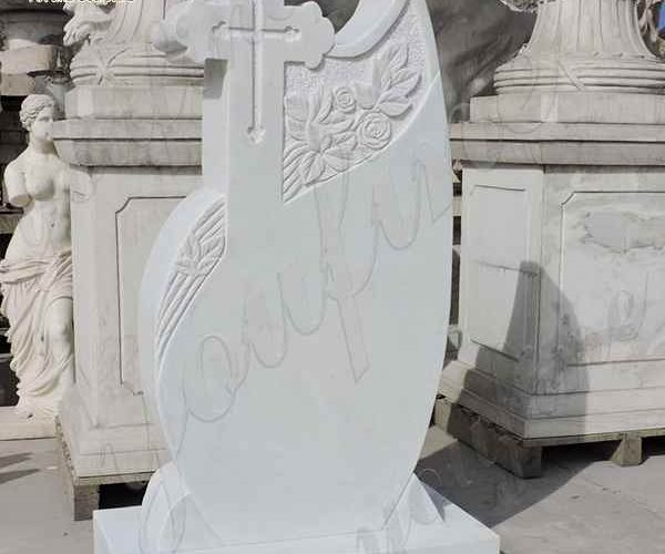High-polished White Marble Headstone with a Cross Monument Design MOKK-645