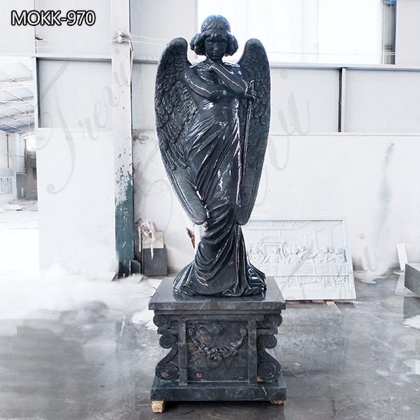 Life-Size Black Granite Guardian Angel Statue Cemetery Decoration