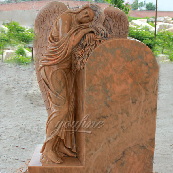 Hand-Carved Red Granite Stone Angel Headstone on Sale